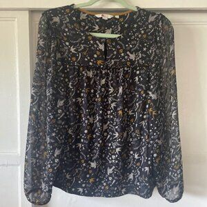 Boden Women's Top Long Sleeve Size Size 4 Print on Dark Blue Peasant Boho